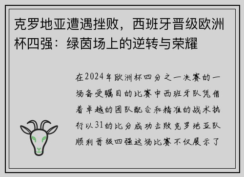 克罗地亚遭遇挫败，西班牙晋级欧洲杯四强：绿茵场上的逆转与荣耀