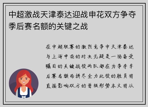 中超激战天津泰达迎战申花双方争夺季后赛名额的关键之战