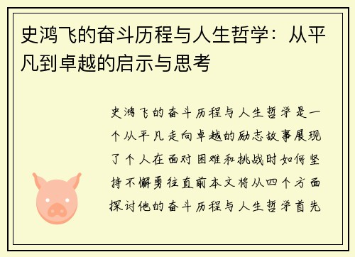 史鸿飞的奋斗历程与人生哲学：从平凡到卓越的启示与思考