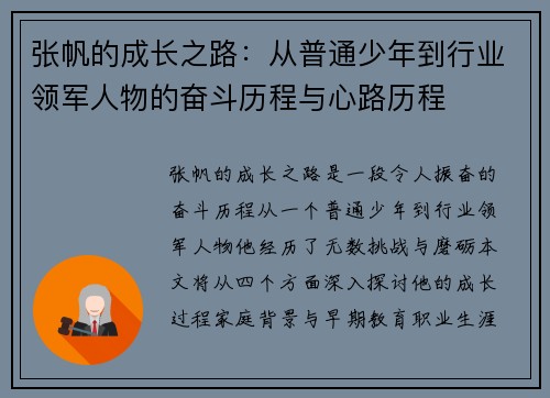 张帆的成长之路：从普通少年到行业领军人物的奋斗历程与心路历程