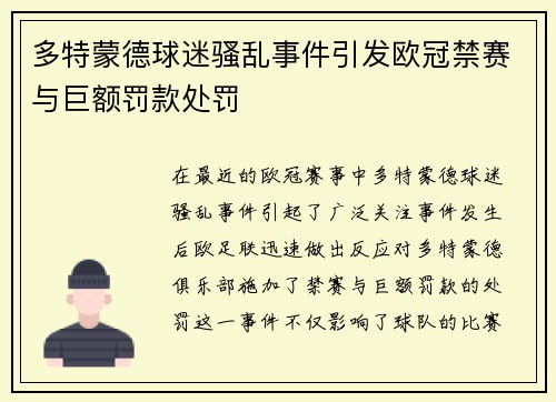 多特蒙德球迷骚乱事件引发欧冠禁赛与巨额罚款处罚