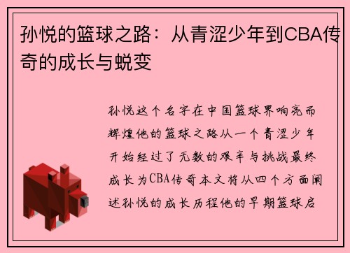 孙悦的篮球之路：从青涩少年到CBA传奇的成长与蜕变