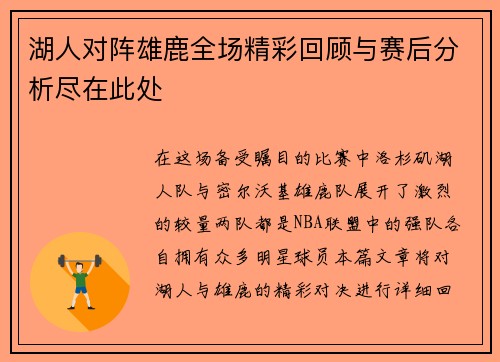 湖人对阵雄鹿全场精彩回顾与赛后分析尽在此处