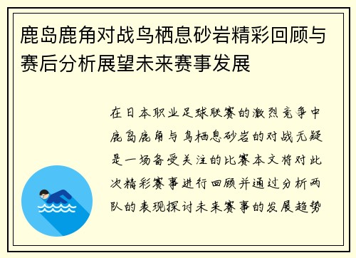 鹿岛鹿角对战鸟栖息砂岩精彩回顾与赛后分析展望未来赛事发展