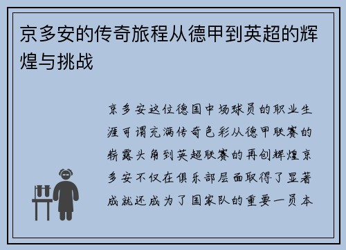 京多安的传奇旅程从德甲到英超的辉煌与挑战