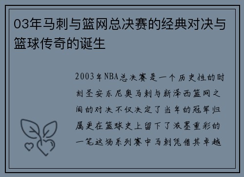 03年马刺与篮网总决赛的经典对决与篮球传奇的诞生