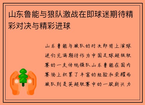 山东鲁能与狼队激战在即球迷期待精彩对决与精彩进球