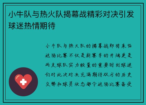 小牛队与热火队揭幕战精彩对决引发球迷热情期待