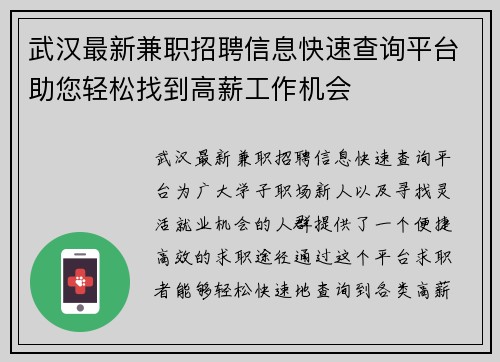 武汉最新兼职招聘信息快速查询平台助您轻松找到高薪工作机会